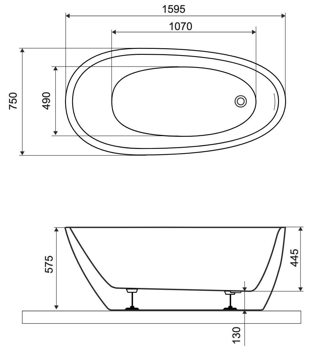 Excellent Olia 2.0 160x75 белый глянец/черный матовый (WAEX.OLI2.16WHBLM) Габаритные размеры