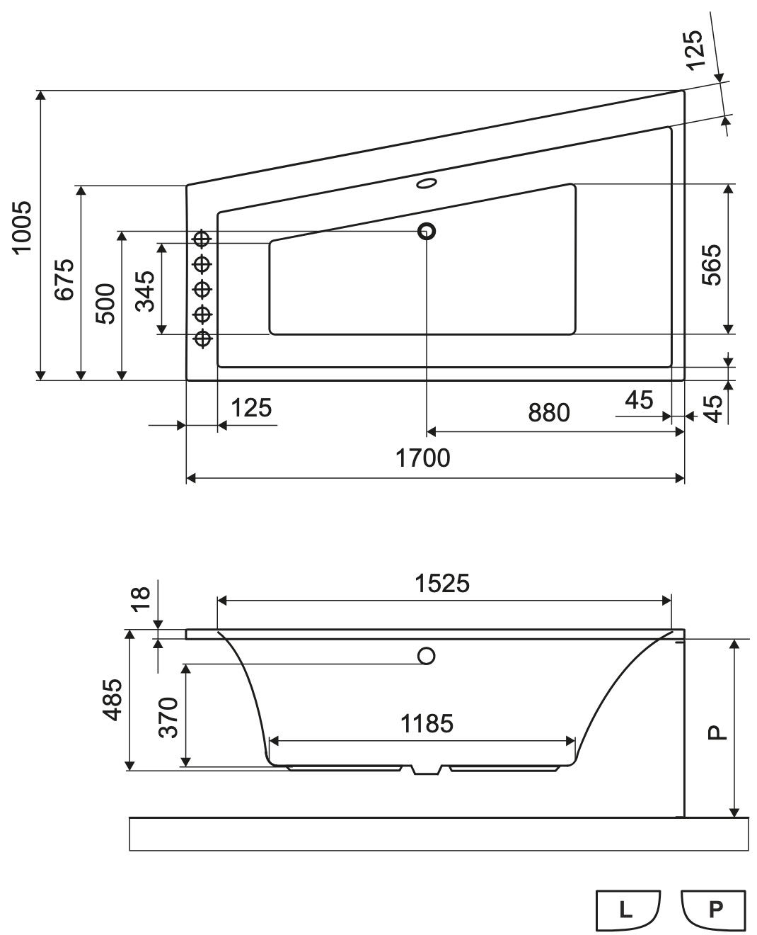 Excellent Sfera Slim 170x100 левая (WAEX.SFL17WHS) Габаритные размеры