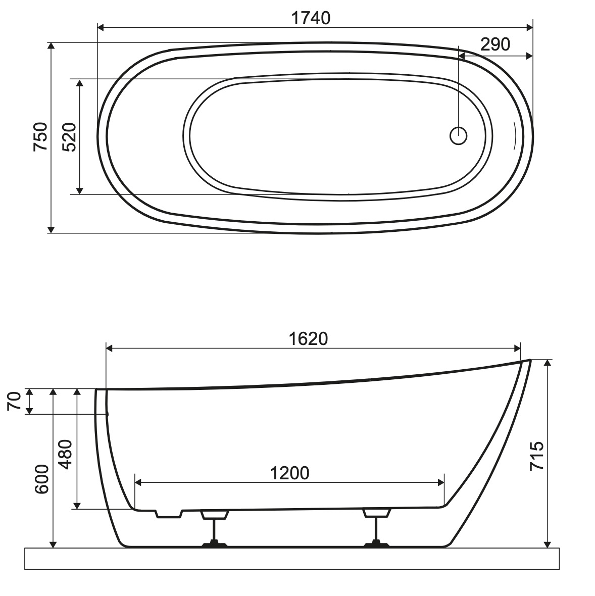 Excellent Comfort 2.0 175x74 черная (WAEX.CMP2.17WB) Габаритные размеры