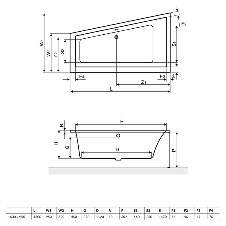 Excellent M-Sfera Slim 160x95 правая (WAEX.MSP16WHS) Габаритные размеры