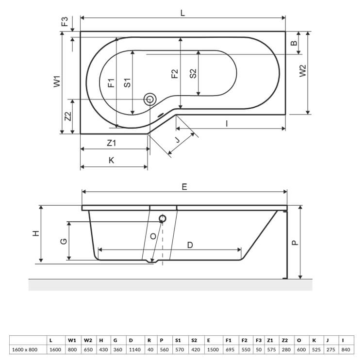 Excellent Be Spot 160x80 левая (WAEX.BSL16WH) Габаритные размеры