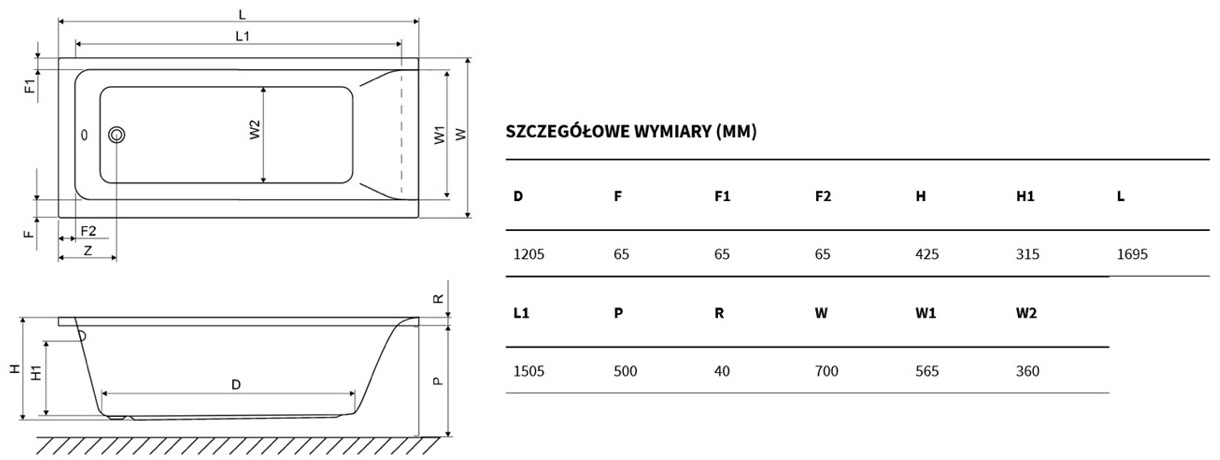 Excellent Savia Mono 170x70 (WANL.SAV17WH) Габаритные размеры