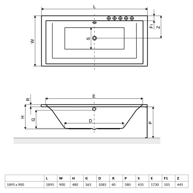 Excellent Crown Grand 190x90 (WAEX.CRG19WH) Габаритные размеры