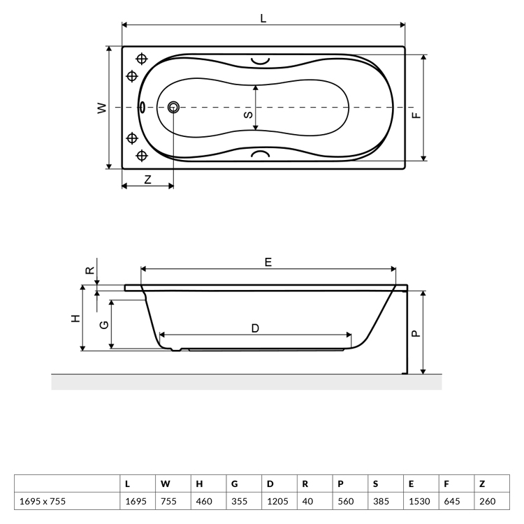 Excellent Clesis 170x75 (WAEX.CLL17WHC) Габаритные размеры