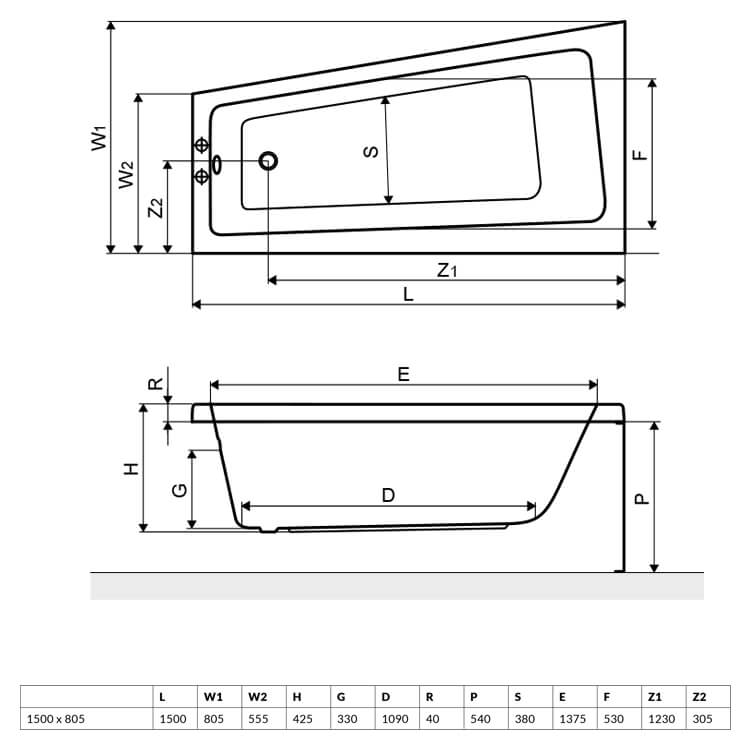 Excellent Ava Comfort 150x80 правая (WAEX.AVP15WH) Габаритные размеры