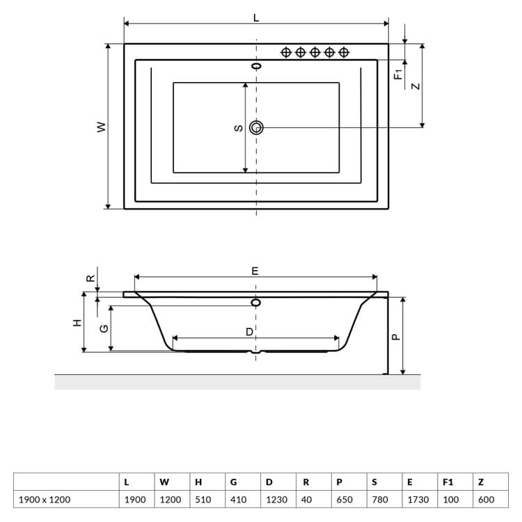 Excellent Crown Lux 190x120 (WAEX.CRO19WH) Габаритные размеры