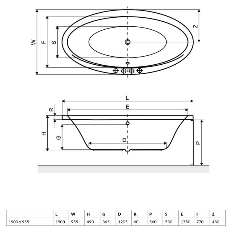 Excellent Lumina 190x95 (WAEX.LUM19WH) Габаритные размеры