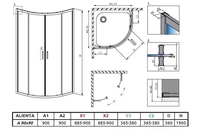 Radaway Alienta A 90x90 Black+піддон Tinos A Compact+сифон HC26CLMB (10229090-54-01+S4TIA9090-08+HC26CLMB) Габаритні розміри