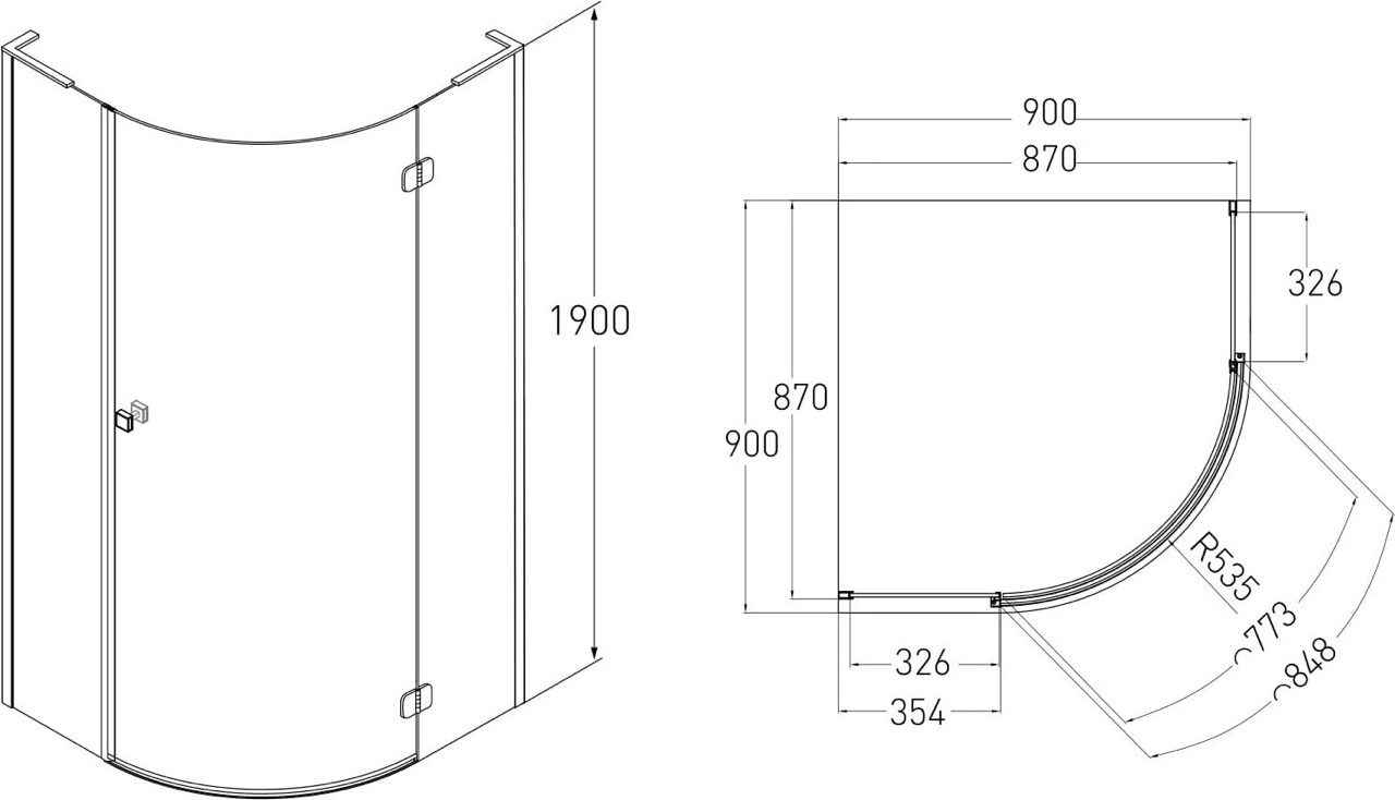 Volle Benita Right 90x90x195см (1017.114601R) Габаритные размеры