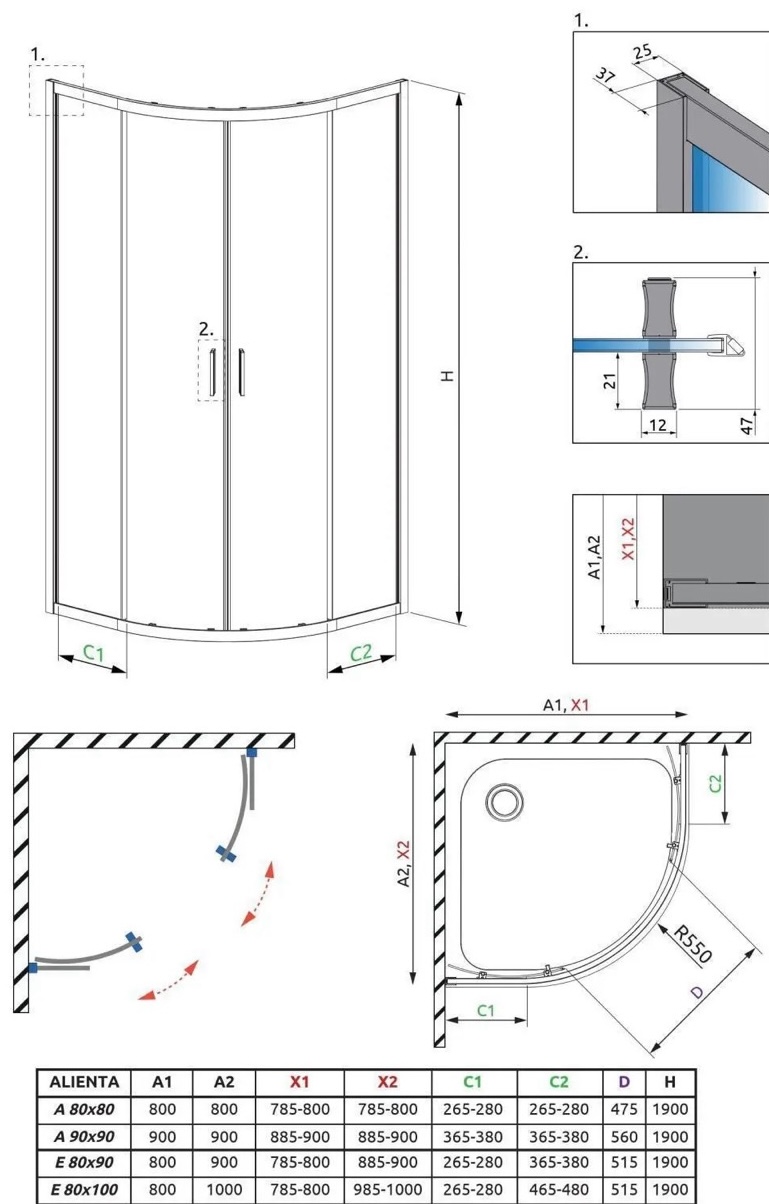 Radaway Alienta A 90x90 (10229090-01-01) Габаритные размеры