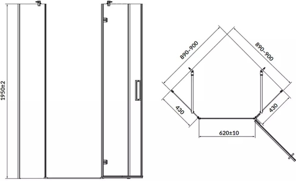 Cersanit Jota R 90x90x195 правосторонняя (S160-013/EZZP1000057925) Габаритные размеры