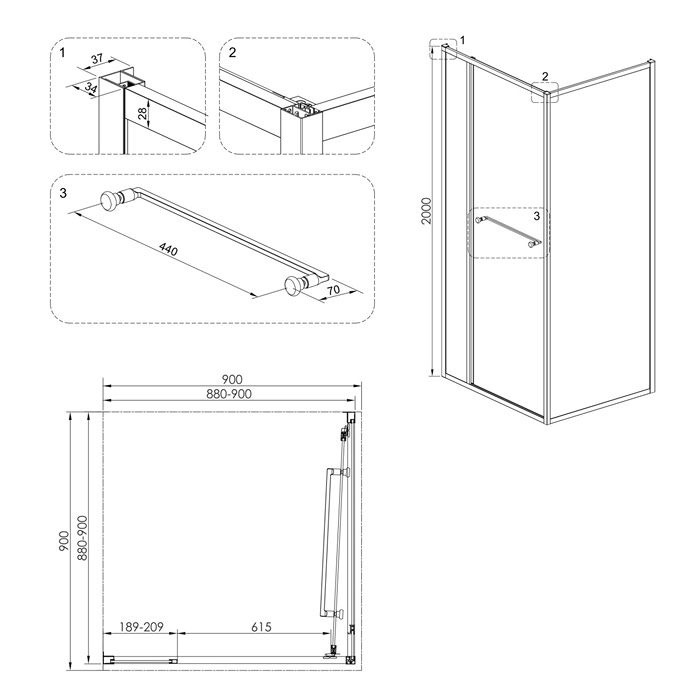 Volle Cruze 90x90x200см (1047.124701) Габаритные размеры