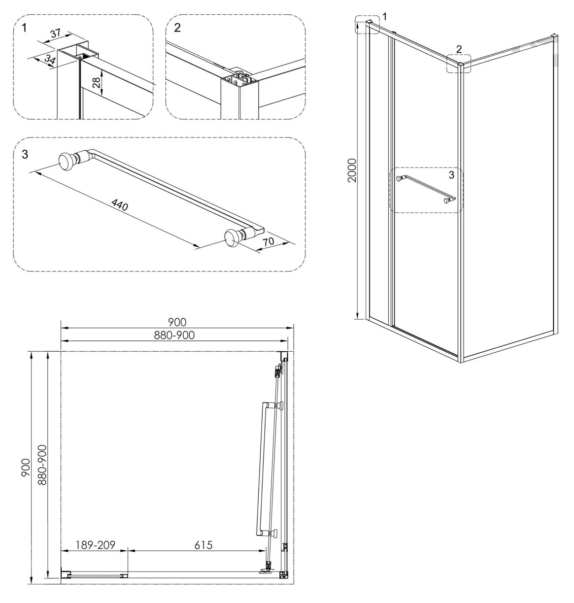 Volle Cruze 90x90x200см (1047.124705) Габаритные размеры