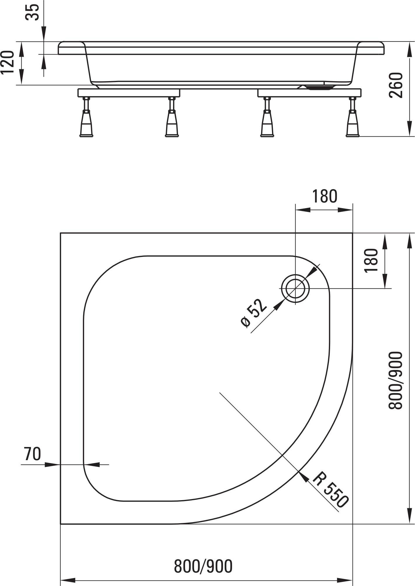 Deante Plus II 80x80 см (KTU_032B) Габаритные размеры