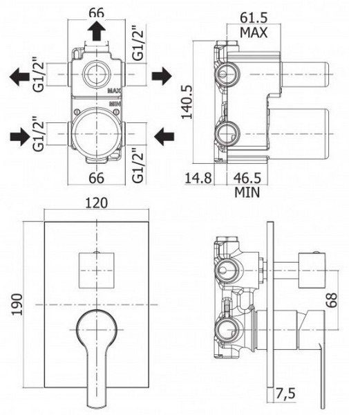 Paffoni Elle Matt Black KIT EL019NO Габаритные размеры