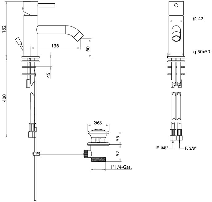 Bongio T-Square (52521CRPR) Габаритные размеры