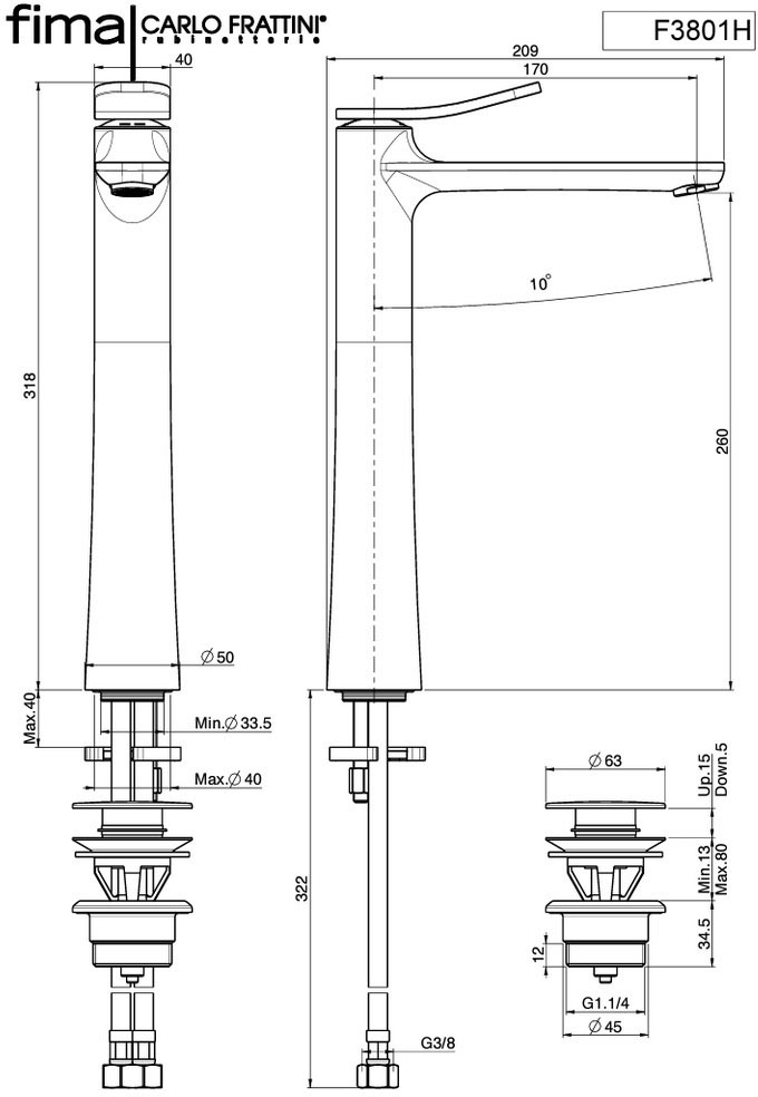 Fima Carlo Frattini Flo Black matt (F3801-HNS) Габаритні розміри