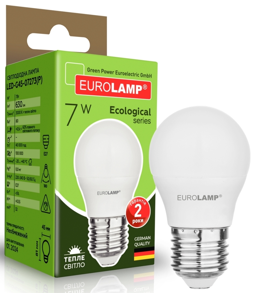 LED EUROLAMP LED ECO серія P G45 7W 630Lm E27 3000K (LED-G45-07273(P))
