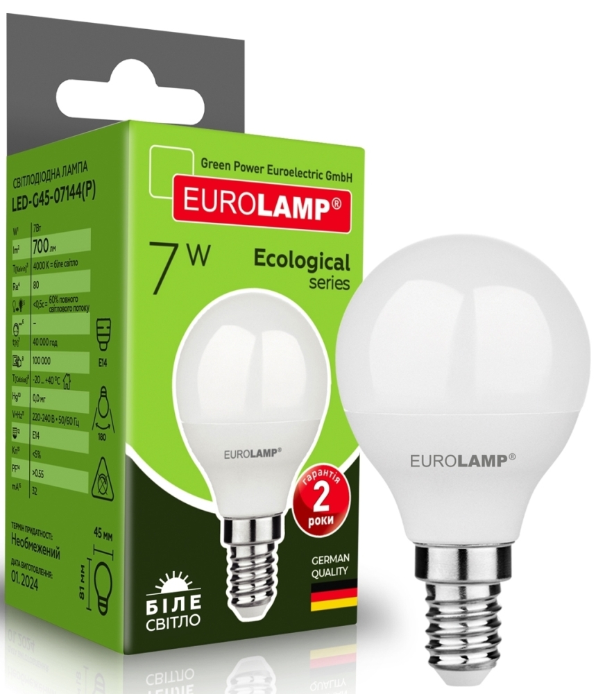 LED EUROLAMP LED ECO серія P G45 7W 700Lm E14 4000K (LED-G45-07144(P))
