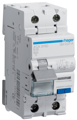 Дифференциальный автоматический выключатель Hager 1P+N 6kA B-16A 10mA A (ACA916D)
