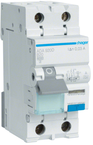 Дифференциальный автоматический выключатель Hager 1P+N 6kA B-20A 30mA A (ADA920D)