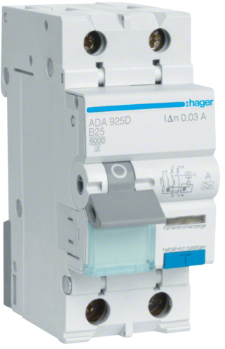 Дифференциальный автоматический выключатель Hager 1P+N 6kA B-32A 30mA A (ADA932D)