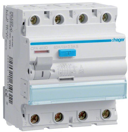 Дифференциальное реле Hager 4P 6kA 63A 300mA A S (CPA463D)