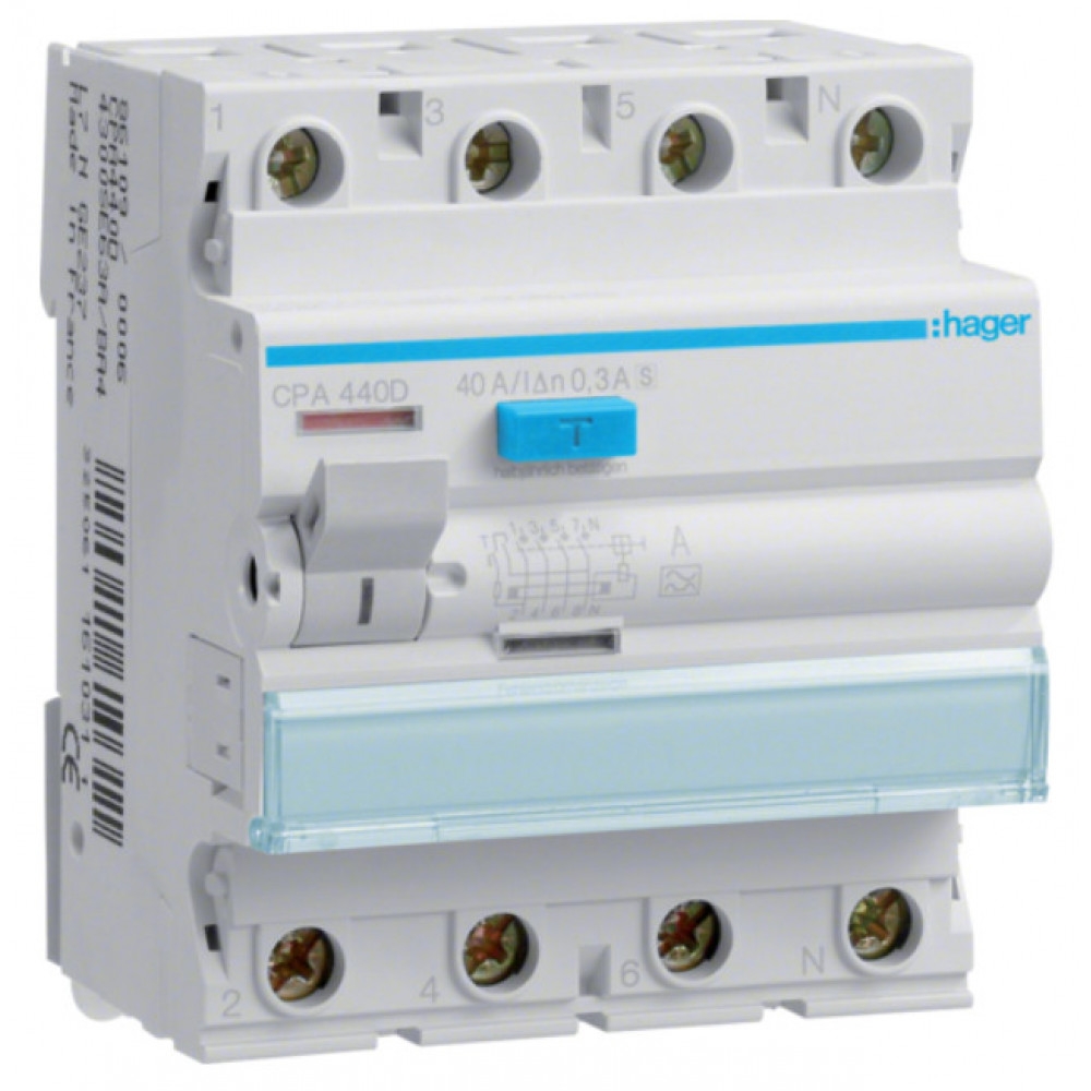 Hager 4P 6kA 40A 300mA A S (CPA440D)