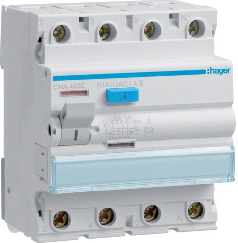Дифференциальное реле Hager 4P 6kA 63A 100mA A S (CNA463D)