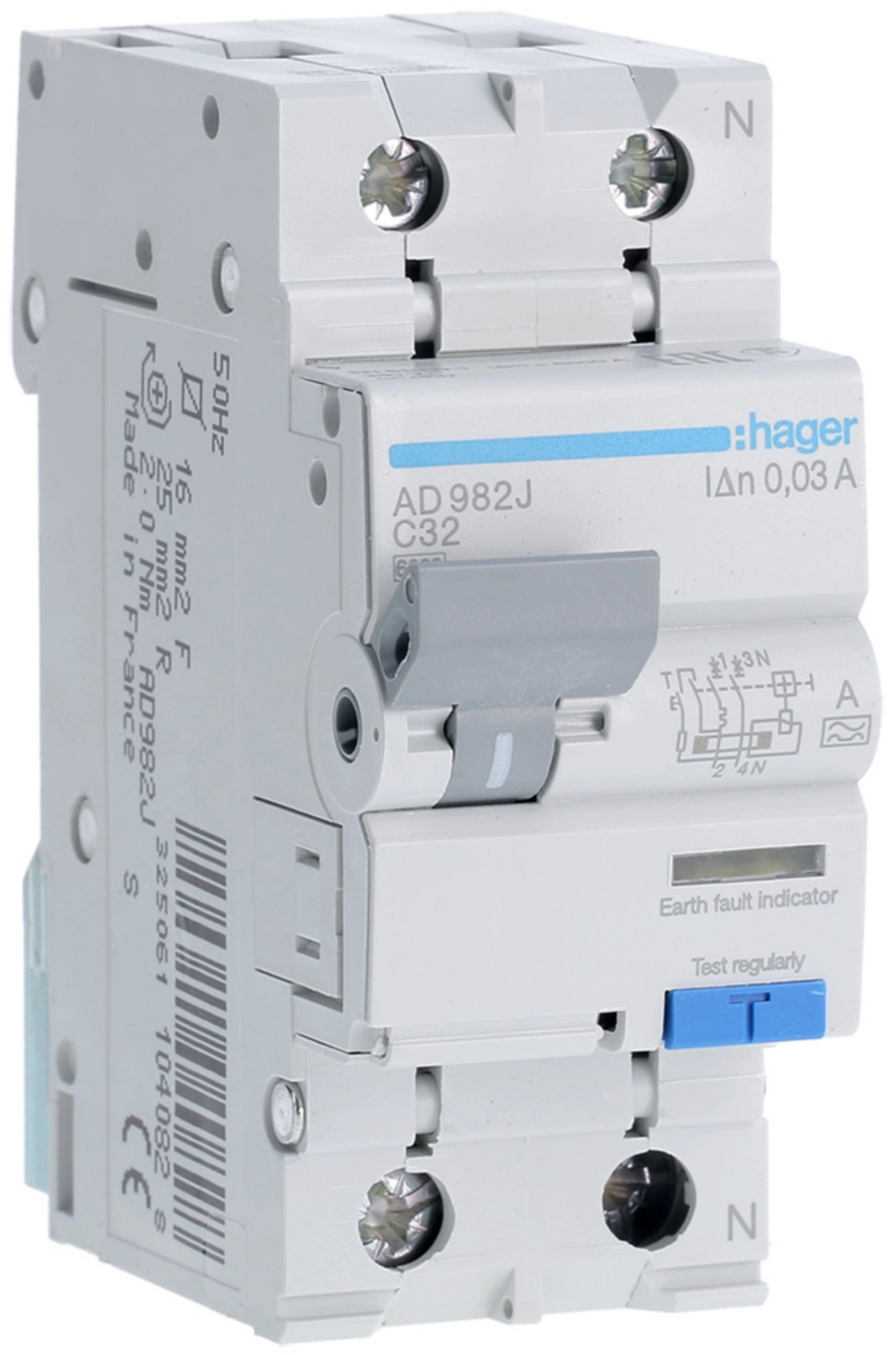 Диференційний автоматичний вимикач Hager 1P+N 6kA C-32A 30mA A (AD982J)