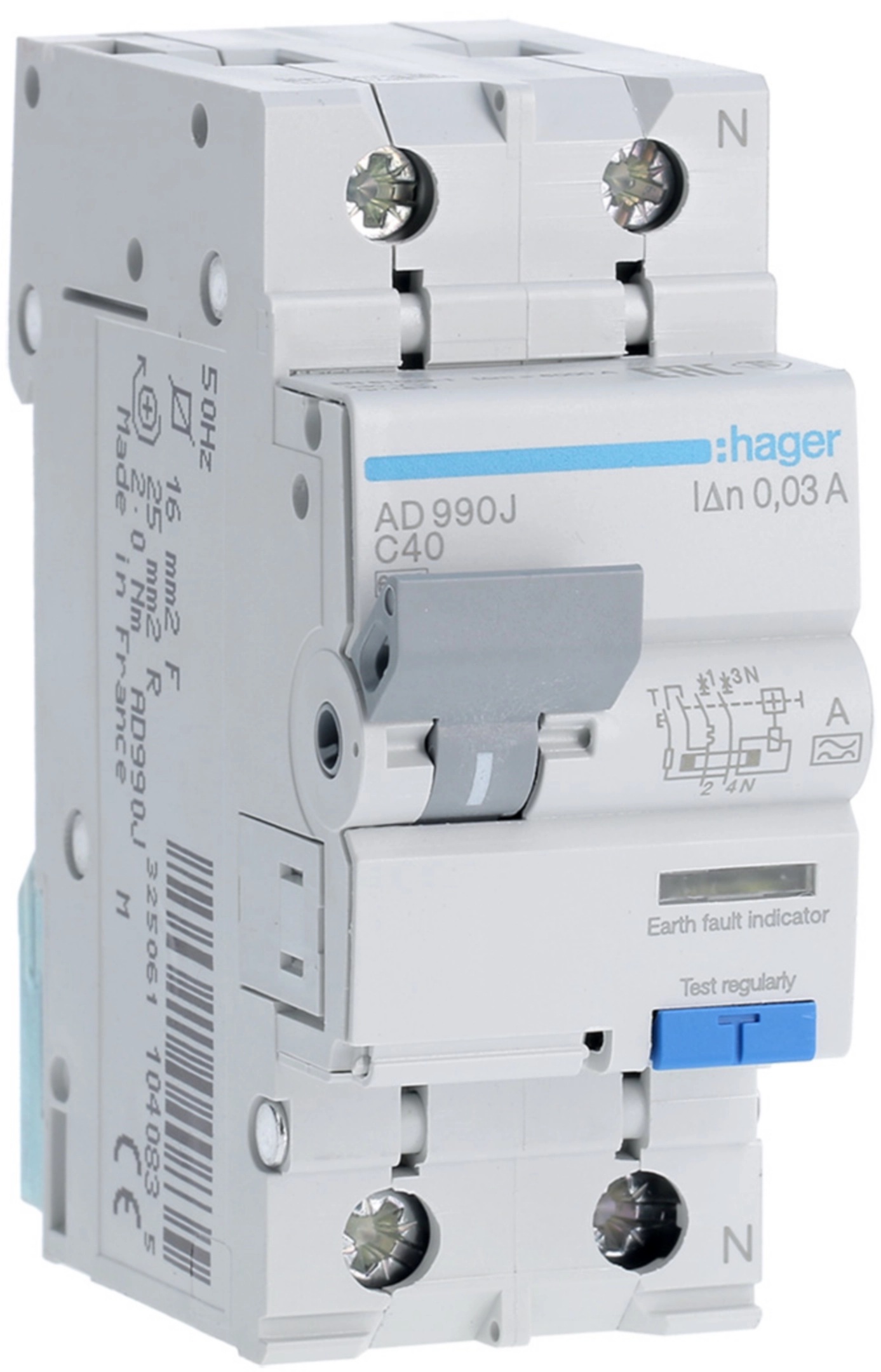 Диференційний автоматичний вимикач Hager 1P+N 6kA C-40A 30mA A (AD990J)
