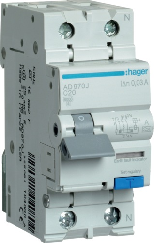Диференціальний автоматичний вимикач Hager 1P+N 6kA C-20A 30mA A (AD970J)