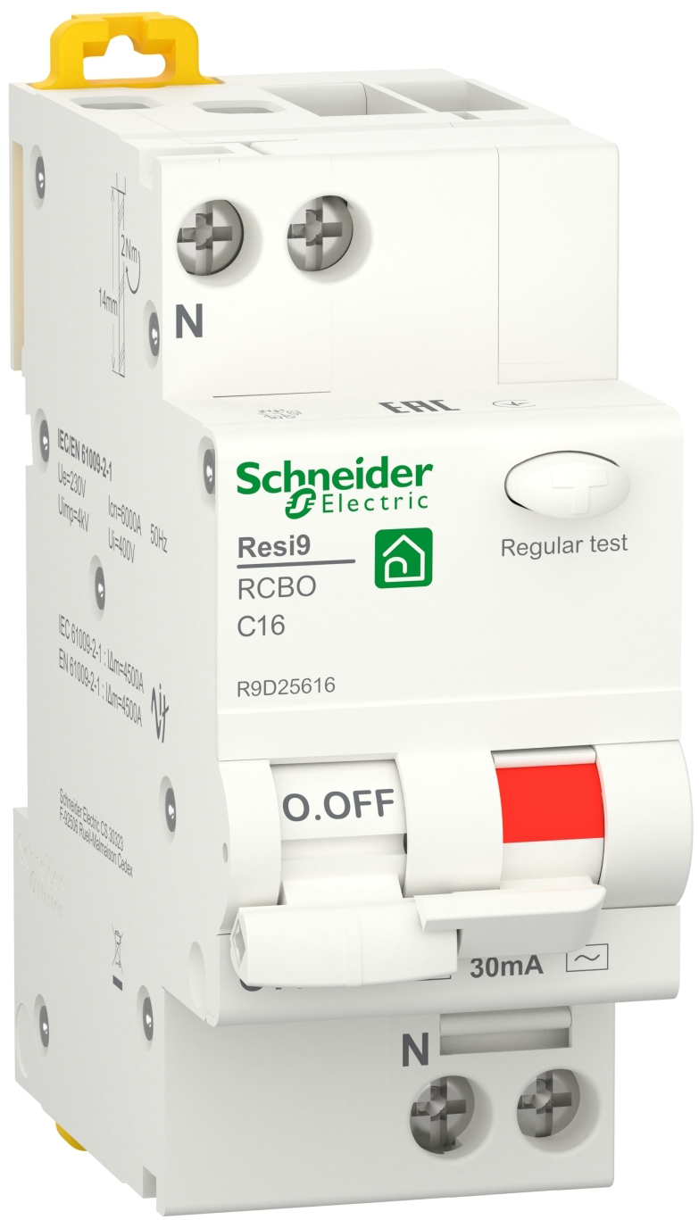 Дифференциальный автоматический выключатель Schneider Electric RESI9 6kA 1P+N 16A C 30mA АC (R9D25616)