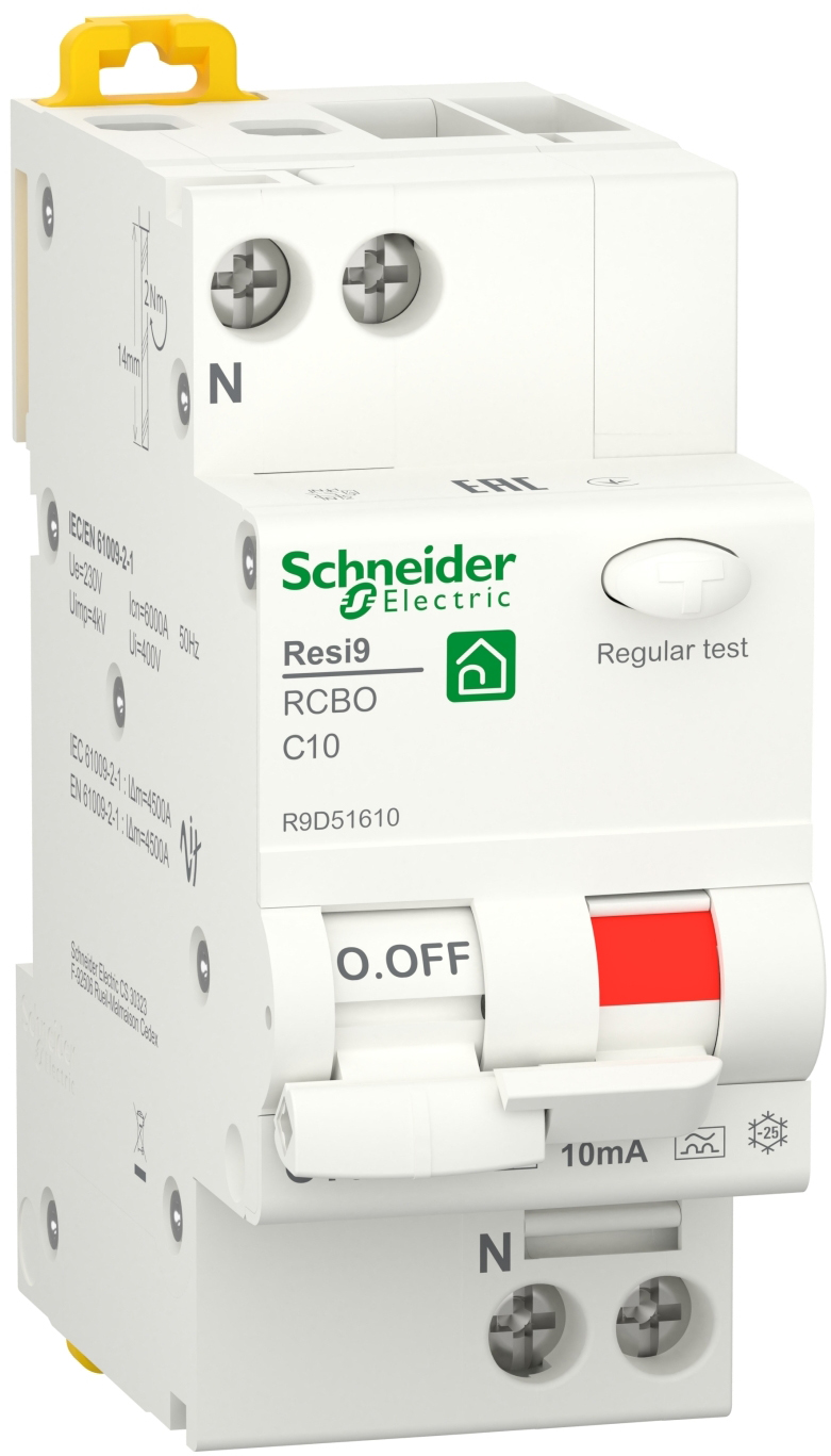 Дифференциальный автоматический выключатель Schneider Electric RESI9 6kA 1P+N 10A C 10mA А (R9D51610)