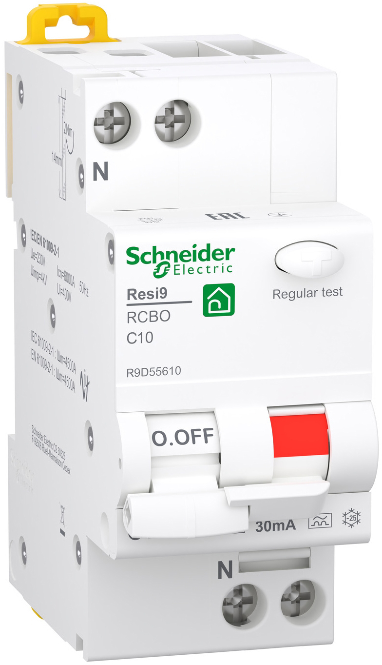 Дифференциальный автоматический выключатель Schneider Electric RESI9 6kA 1P+N 10A C 30mA А (R9D55610)