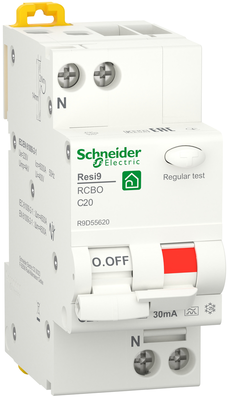 Дифференциальный автоматический выключатель Schneider Electric RESI9 6kA 1P+N 20A C 30mA А (R9D55620)
