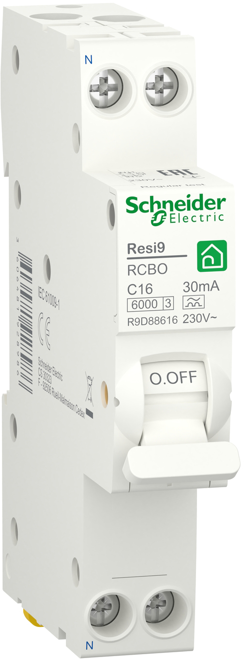 Дифференциальный автоматический выключатель Schneider Electric RESI9 6kA 1M 1P+N 16A C 30mA А (R9D88616)