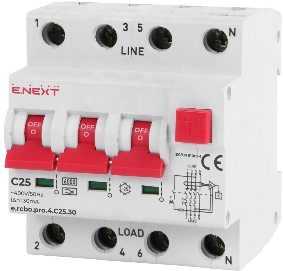 Выключатель дифференциального тока E.NEXT e.rcbo.pro.4.C25.30 (p0720016)