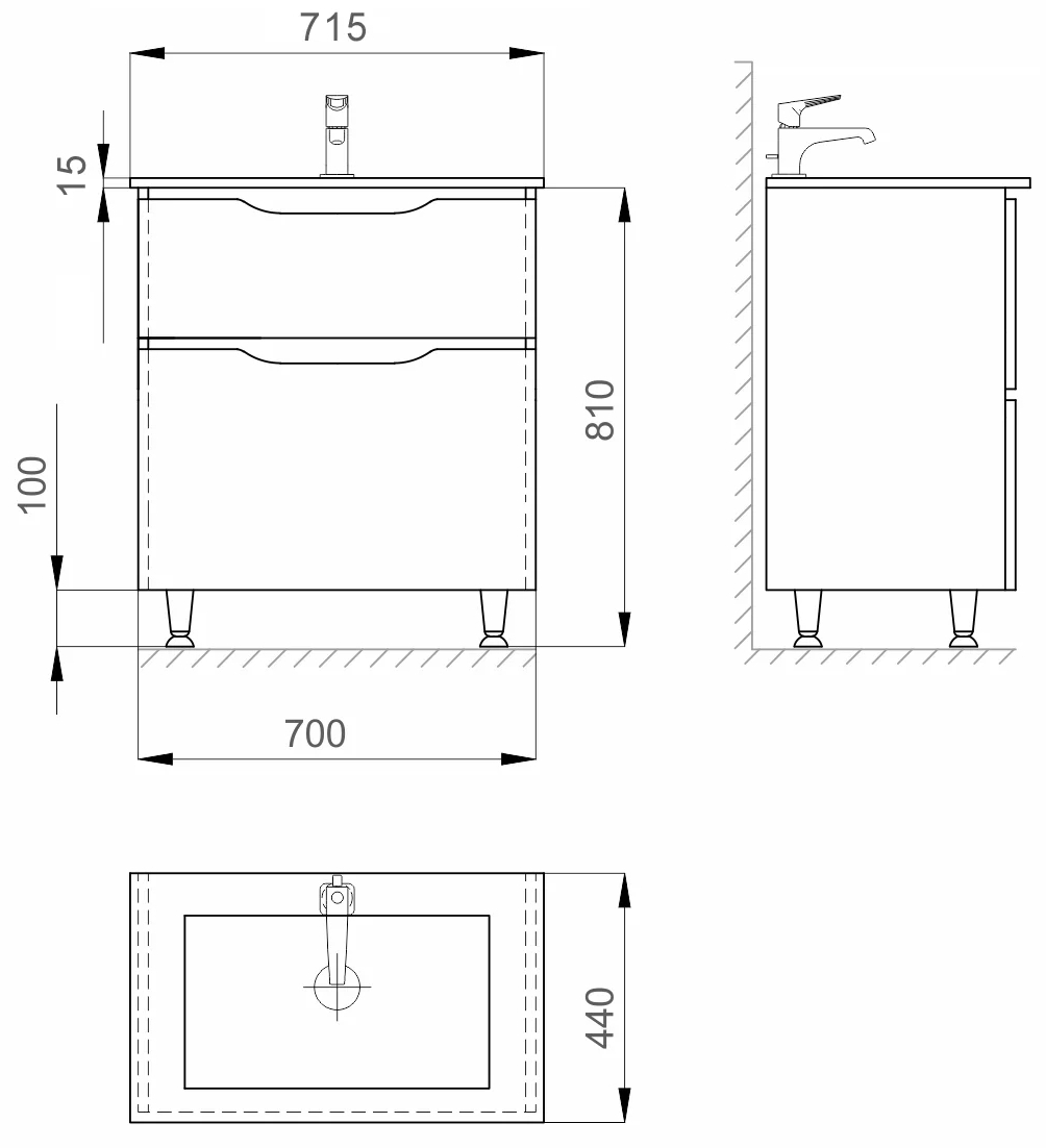 Sanwerk Лига мессина с умывальником Qtap 70 см (MV0000858) Габаритные размеры