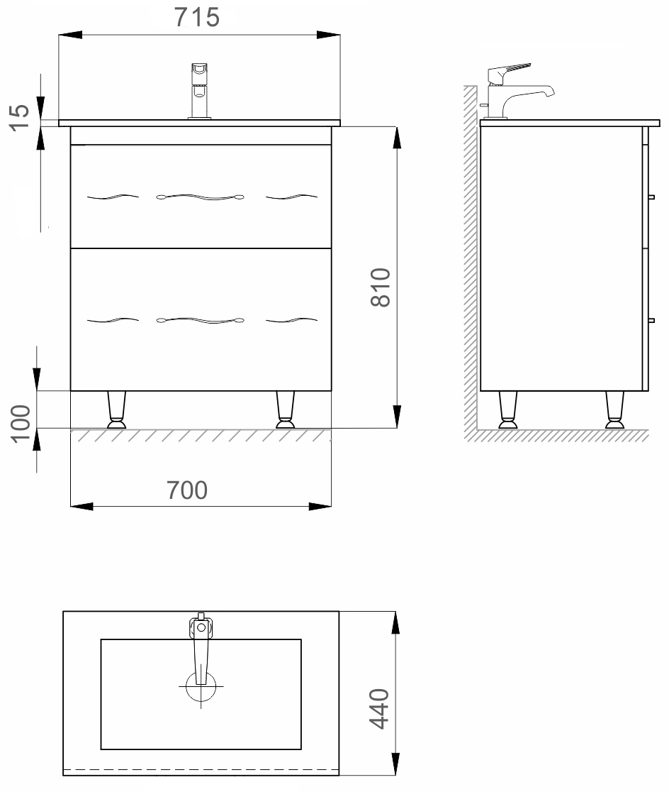 Sanwerk Миндаль белая с умывальником Qtap 70 см (MV0000888) Габаритные размеры
