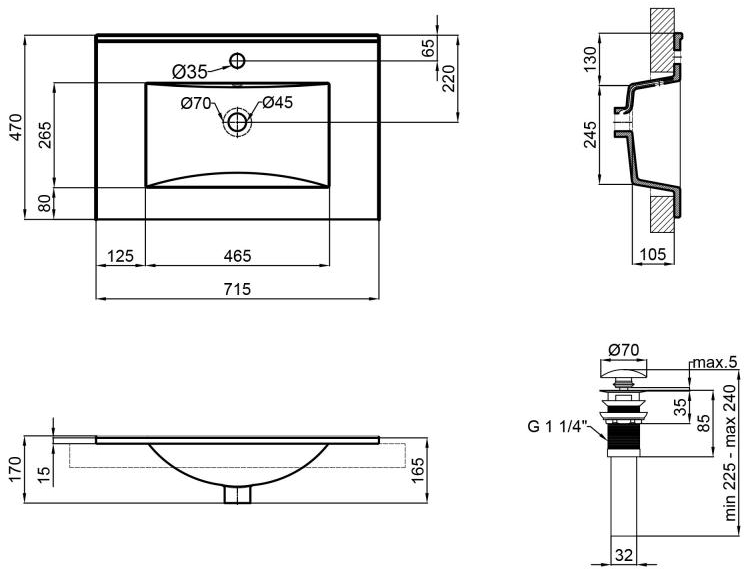 Sanwerk Алесса венге з умивальником Qtap 70 см (MV0000874) Габаритні розміри