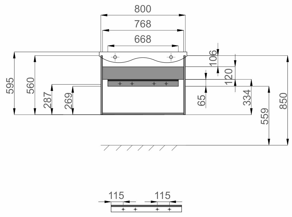 Sanwerk Алесса Air 60 біла з топ панеллю та умивальником Rapid 50x35 (MV0000899) Габаритні розміри