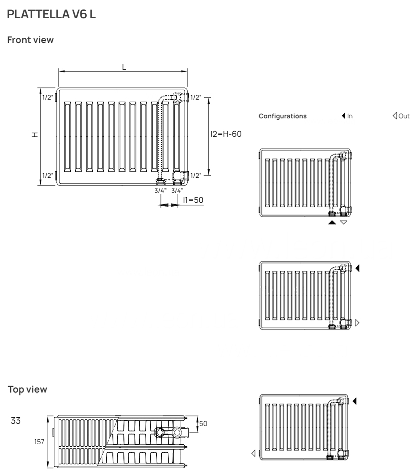 Delonghi Plattella V6 L тип 33 900x1100, 4725 Ват Габаритні розміри