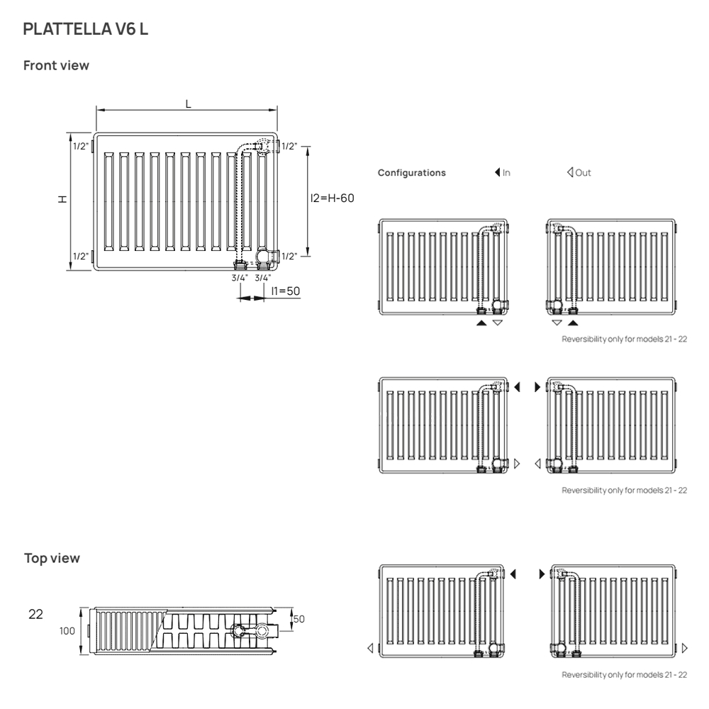 Delonghi Plattella V6 L тип 22 600x1000, 2183 Ватт Габаритные размеры