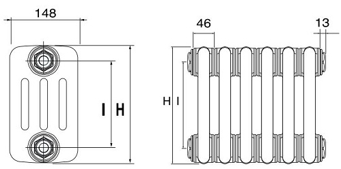 Delonghi Multicolumn H=2000 4-14 (секцій) конф.D (нижнє 1/2") Δt50=3609 W RAL9005MATT (0Q10420001400D0RAL9005MATT) Габаритні розміри