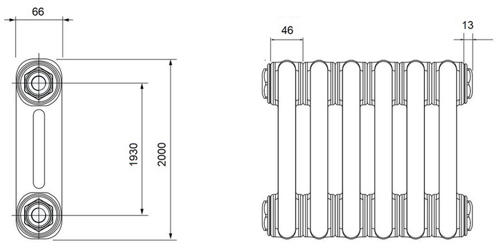 Delonghi Multicolumn H=1800 2-14 (секцій) конф.D (нижнє 1/2") Δt50=1788 W RAL9005MATT (0Q10218001400D0RAL9005MATT) Габаритні розміри