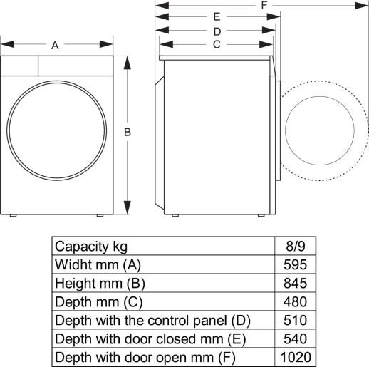 Hisense WF3S8043BW3/UA Габаритные размеры