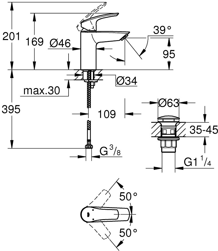 Grohe Eurosmart New S-Size 23922003 Габаритные размеры