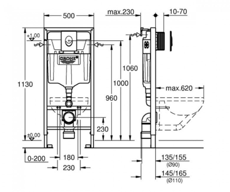 Grohe Rapid SL 38722001 + Skate Air 38505SH0 + Laufen Pro Rimless H8669510000001 (38722H866951) Габаритні розміри