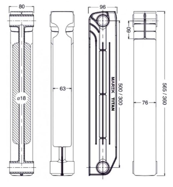 Marek TITAN 870Вт 300x96 (TITAN 300) 6 секций Габаритные размеры
